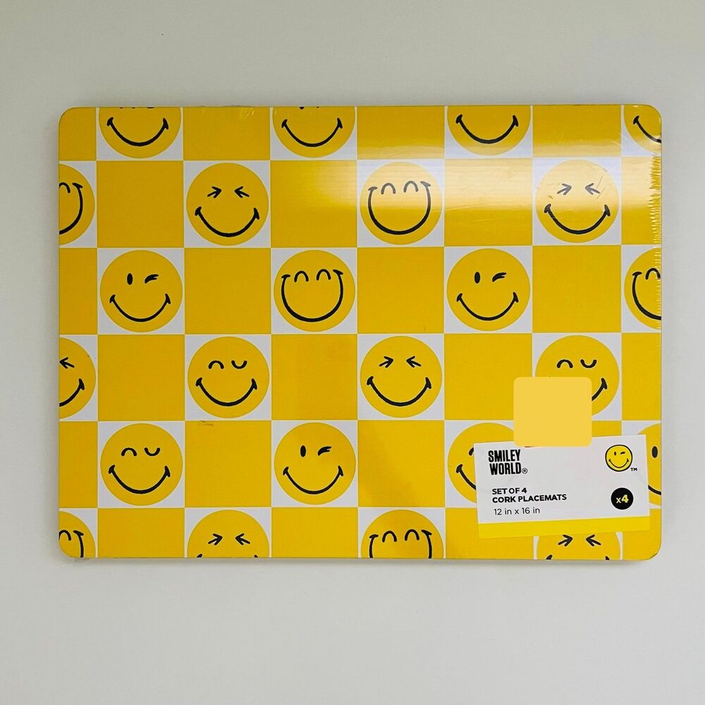 SMILEY WORLD Yellow Rectangular Small Smiley Faces Set of 4 Cork Placemats